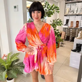 Abito Sfumato Fuxia a Portafoglio Satin Emily Maniche Lunghe e Volant